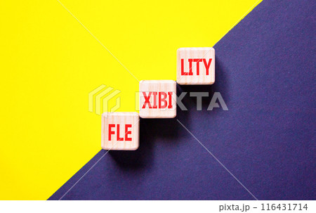 Flexibility symbol. Concept word Flexibility on beautiful wooden blocks. Beautiful yellow and black background. Business flexibility concept. Copy space. 116431714