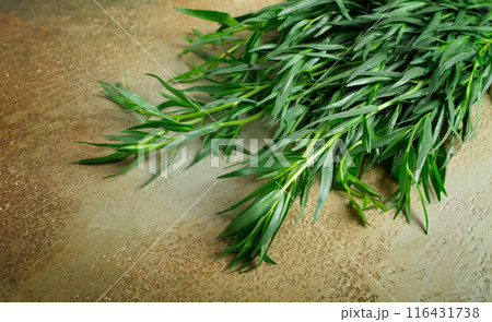 a bunch of fresh tarragon on the table, top view, no people a bunch of fresh tarragon on the table, top view, no people 116431738