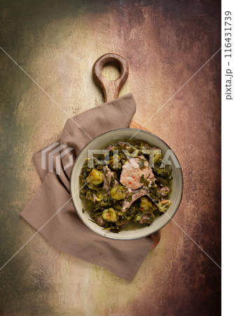 chakapuli, Georgian dish, stewed meat with herbs and tkemali, in white wine, homemade, no people, 116431739