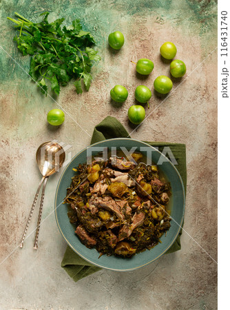 chakapuli, Georgian dish, stewed meat with herbs and tkemali, in white wine, homemade, no people, 116431740