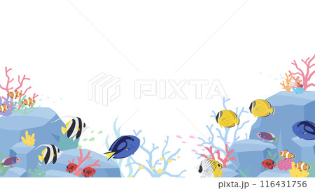 岩と珊瑚がある海底を熱帯魚が泳ぐ背景イラスト_16:9 116431756