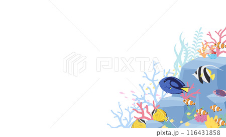 岩と珊瑚がある海底を熱帯魚が泳ぐ背景イラスト_16:9 116431858