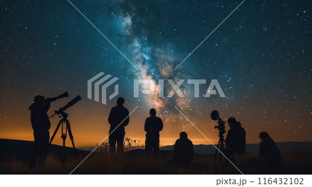 Group of people stargazing in a field using telescopes under a starry night sky. 116432102