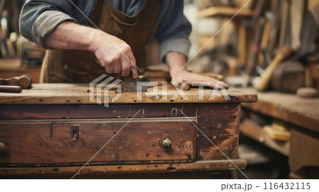 Craftsman meticulously sanding wood an old vintage nightstand or chest of drawers, surrounded by tools. Furniture restoration. 116432115