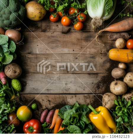 Assortment of fresh vegetables and fruits on rustic wooden background from above. 116432123