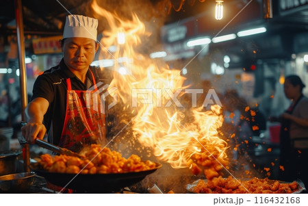 Chef masterfully handles a flaming wok, cooking up a storm at a bustling night street food market. 116432168