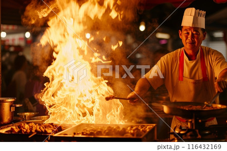 Chef masterfully handles a flaming wok, cooking up a storm at a bustling night street food market. 116432169