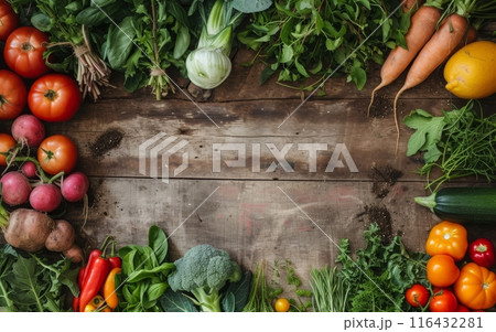 A bountiful assortment of fresh garden vegetables on a wooden background with copy space for text. 116432281