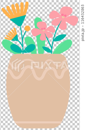 Kid hand drawn cute colorful Spring Summer flower in ceramic pot Kid hand drawn cute colorful Spring Summer flower in ceramic pot 116432863