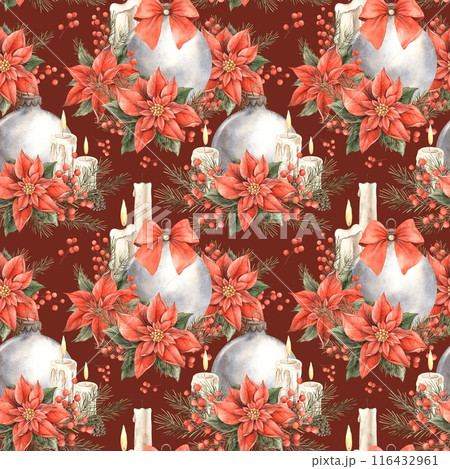 Poinsettia, vintage Christmas flowers with fir branches and glass ball with bow. Watercolor hand-drawn pattern on burgundy background. Pattern for Christmas and New Year holidays, invitations, cards 116432961