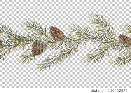 Fir branch with cones. Christmas watercolor seamless border in realistic botanical style hand drawn. The illustration is suitable for Christmas and New Year holidays, invitations, cards, packaging 116432972