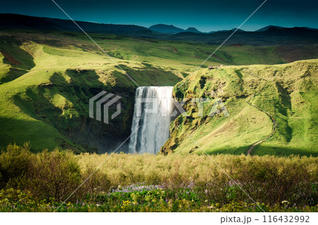Landscape of powerful Skogafoss waterfall flowing with sunlight shines on the mountain in summer at Iceland 116432992