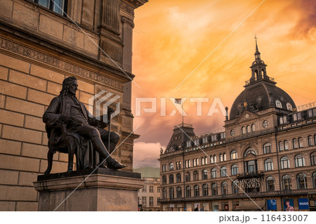 Center of oldtown with Magasin Du Nord famous department store and statue of Ludvig Holberg at Kongens Nytorv Center of oldtown with Magasin Du Nord famous department store and statue of Ludvig Holberg at Kongens Nytorv 116433007