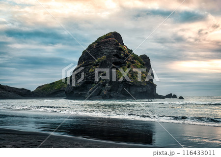 Rocky mountain on Piha beach in the evening at West coast of Auckland 116433011