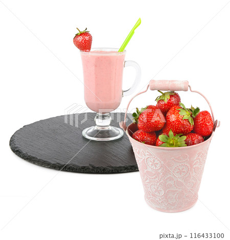 Glass with strawberry smoothie and bucket of berries isolated on white. Collage. 116433100