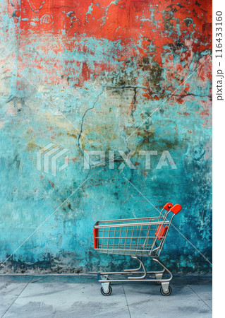 Shopping cart against a weathered blue and red wall. Generative AI 116433160
