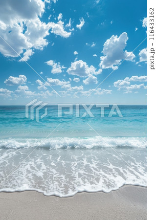 Ocean waves crashing on sandy beach. Tranquil vertical natural background. Generative AI 116433162