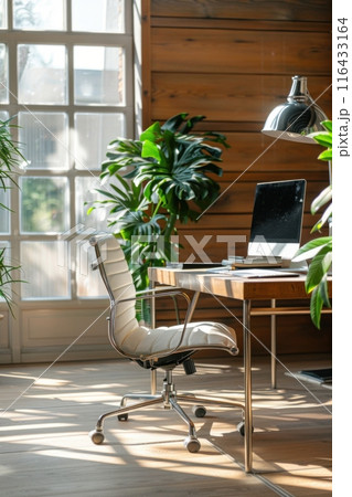Home modern office desk with white chair and sunlight. Generative AI 116433164