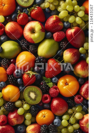 Vertical background of fresh fruit and berries scattered across a table. Generative AI 116433167