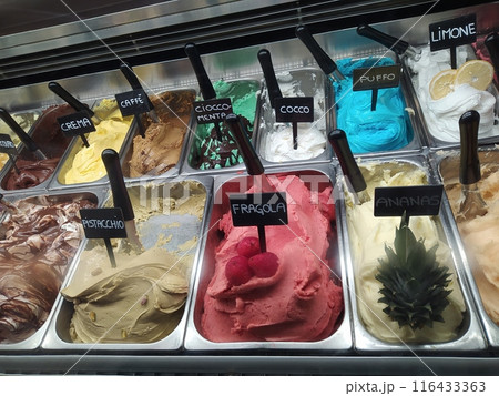 Different flavors of italian ice cream at Genoa Italy 116433363