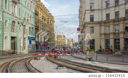 Workers with protective mask welding reinforcement for tram tracks in the city timelapse Workers with protective mask welding reinforcement for tram tracks in the city timelapse 116433418