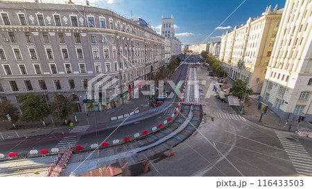 Workers with protective mask welding reinforcement for tram tracks in the city timelapse 116433503