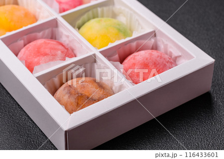 Delicious colorful asian mochi sweets with rice dough shell 116433601