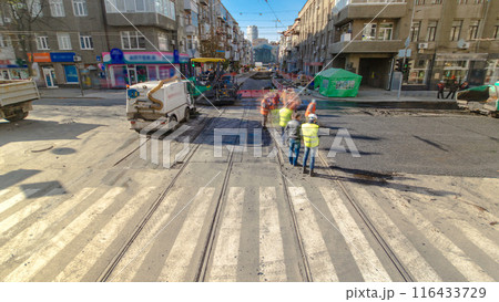 Tractor, roller on the road repair site timelapse. Road construction equipment. 116433729