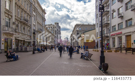 Locals and tourists walking on famous pedestrian Arbat Street timelapse hyperlapse in Moscow, Russia. Locals and tourists walking on famous pedestrian Arbat Street timelapse hyperlapse in Moscow, Russia. 116433773