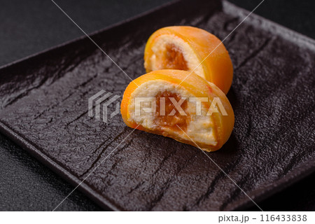 Delicious colorful asian mochi sweets with rice dough shell 116433838