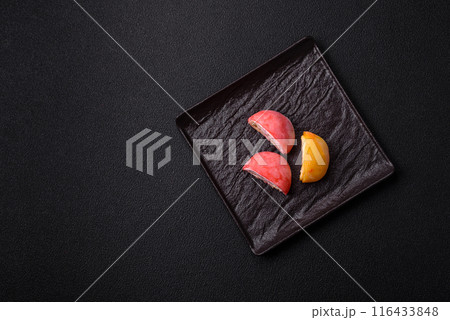 Delicious colorful asian mochi sweets with rice dough shell 116433848