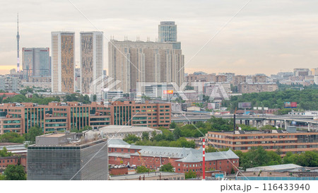 Moscow cityscape from rooftop timelapse. Residential buildings and Ostankinskaya tv tower. Aerial view from the roof 116433940