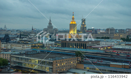 Evening top view of three railway stations day to night timelapse at the Komsomolskaya square in Moscow, Russia Evening top view of three railway stations day to night timelapse at the Komsomolskaya square in Moscow, Russia 116433942