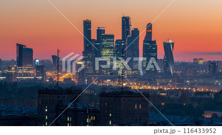 Cityscape night to day timelapse, residential buildings, park areas, group of Moscow City skyscrapers Cityscape night to day timelapse, residential buildings, park areas, group of Moscow City skyscrapers 116433952