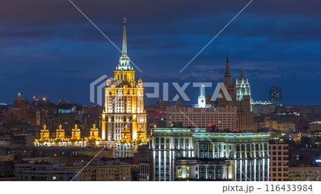 Ukraine hotel timelapse, government building and stalin skyscraper at night in Moscow, Russia, top view Ukraine hotel timelapse, government building and stalin skyscraper at night in Moscow, Russia, top view 116433984