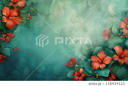 A painting features red flowers and green leaves against a blue background 116434123