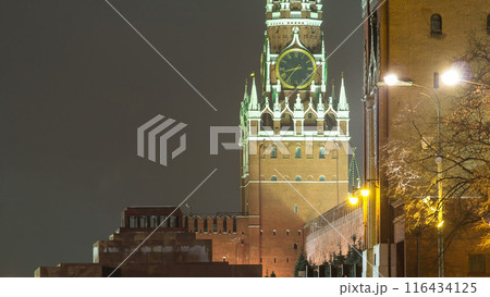 Moscow, Spasskaya tower of Kremlin at winter night. timelapse Moscow, Spasskaya tower of Kremlin at winter night. timelapse 116434125