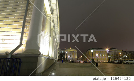 exhibition hall Manezh on Manezhnaya square winter night timelapse hyperlapse, Moscow, Russia exhibition hall Manezh on Manezhnaya square winter night timelapse hyperlapse, Moscow, Russia 116434126