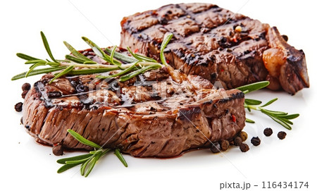Grilled steaks with rosemary and pepper on white background 116434174