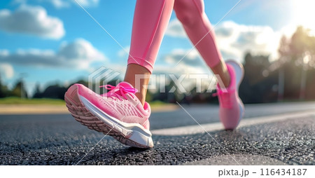 A woman is strolling on the road in pink footwear 116434187