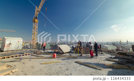 Steel bar rebar metal framework reinforcement for concrete at construction site timelapse. 116434333