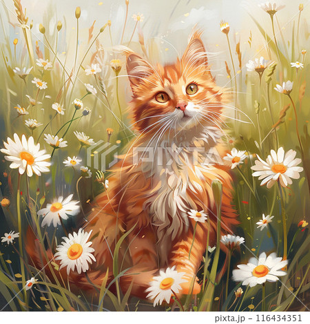 デイジーの花と猫 ジンジャーキャット デイジーの花と猫 ジンジャーキャット 116434351