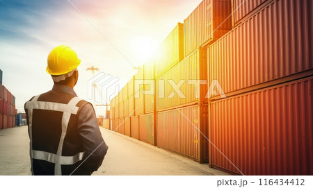 Businessman with tablet computer at container warehouse. 116434412