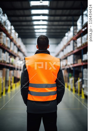 The warehouse worker stands confidently, a key player in the warehouse's efficient supply chain. 116434414