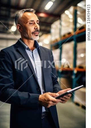 Warehouse worker efficiently managing paperwork flow with expertise. A middle-aged man stands in a warehouse with a tablet computer and checks the statements for the presence of goods 116434415