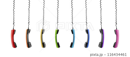 Group of retro colorful telephone receivers isolated on white background 116434461