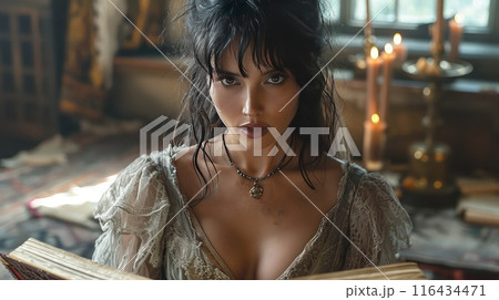 Bathed in the soft radiance of candles, a witch, adorned in a delicate lace gown, immerses herself in the arcane, her whispered spell carrying an air of ancient wisdom. 116434471