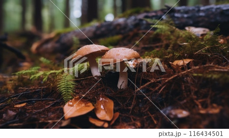 Wet mushrooms in a forest. 116434501