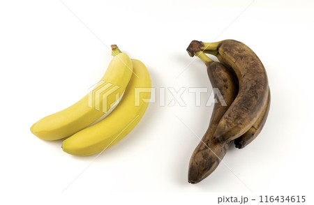 Fresh and rotten bananas. The concept of spoiled fruit. Fresh and rotten bananas. The concept of spoiled fruit. 116434615