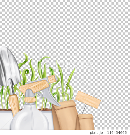 A border of tools: a rake, a shovel, a sprayer, seeds, boxes of greens. Equipment for gardens, greenhouses and florists. Agriculture, cultivation of plants and flowers. Digital isolated illustration 116434666